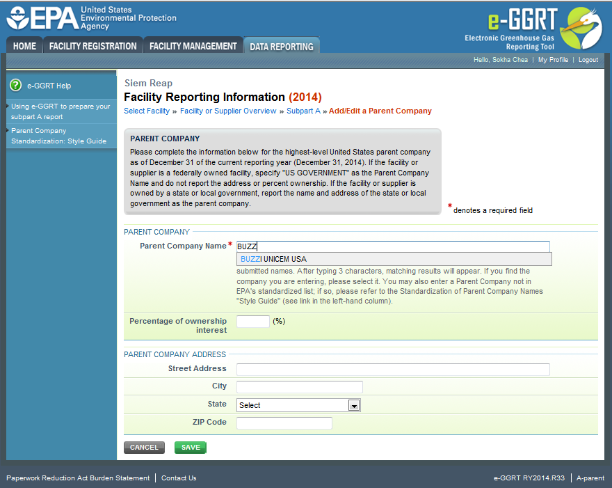 Facility Reporting Information Page - Add/Edit a Parent Company