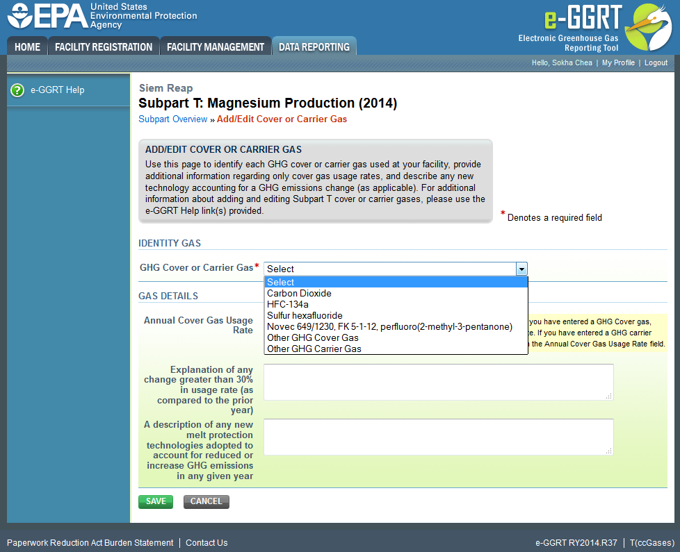 Subpart T: Step 2 - Enter information for each GHG gas used