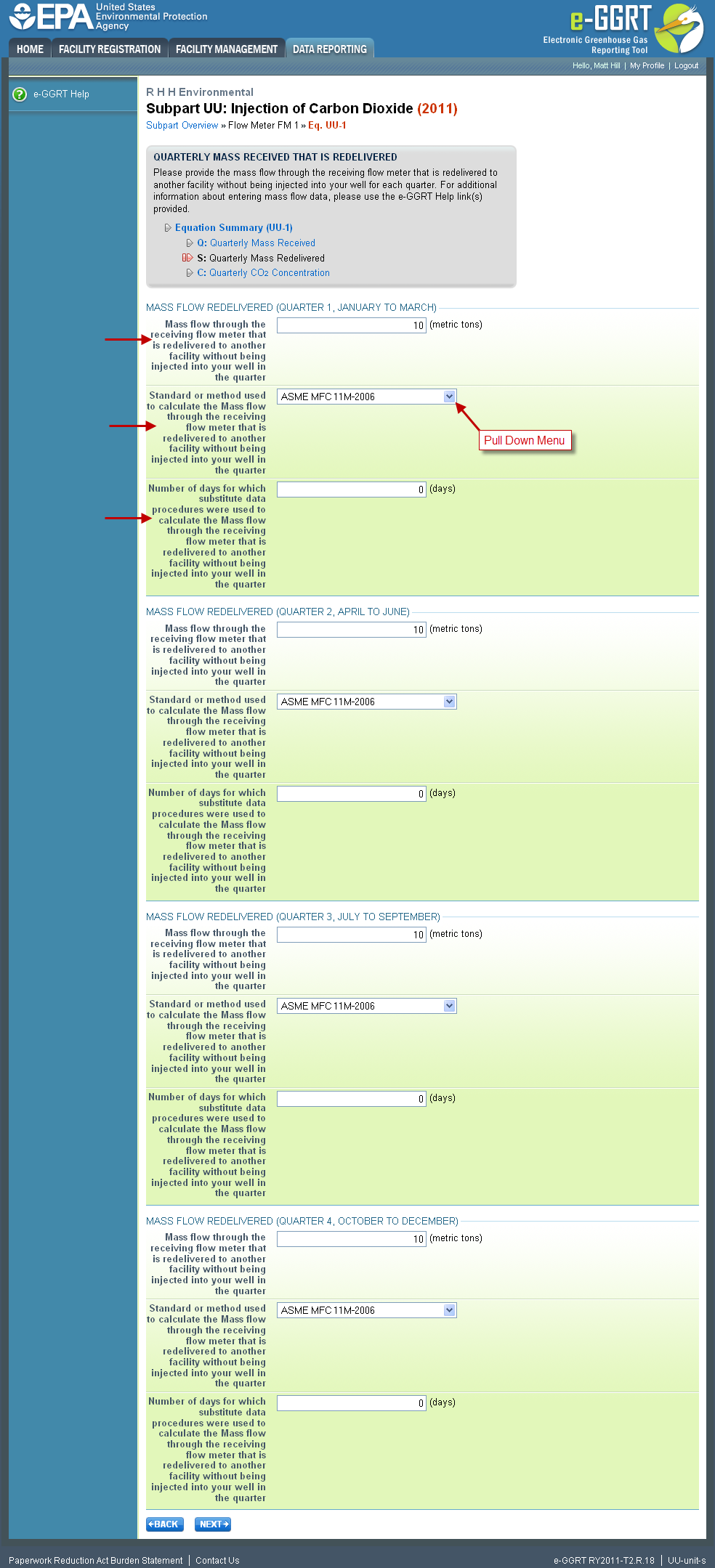 Subpart UU: Entering Quarterly Mass Received Redelivered Data