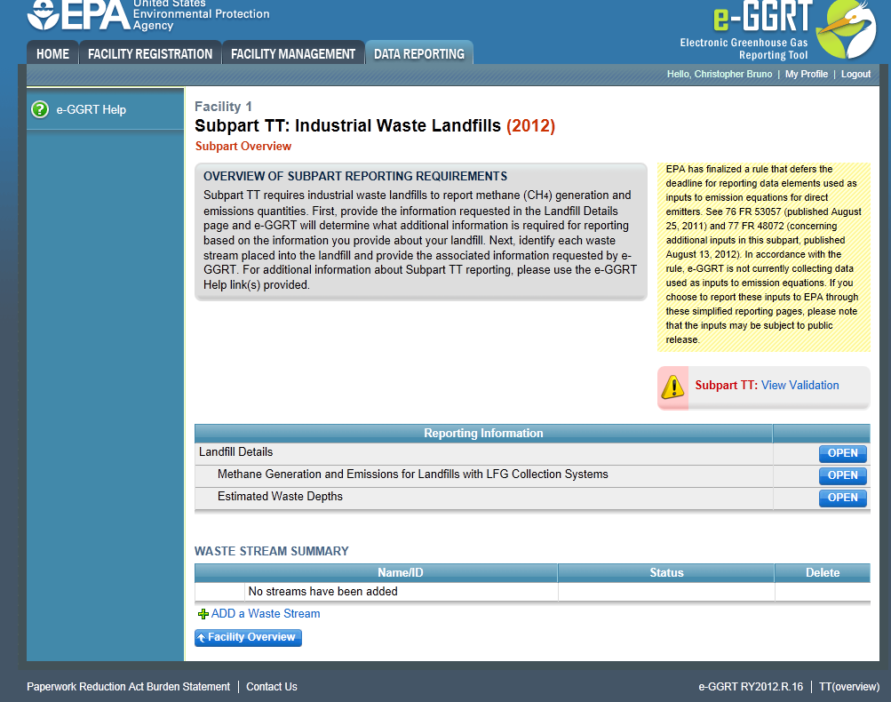 Subpart TT: Industrial Waste Landfills reporting information and waste stream summary page.