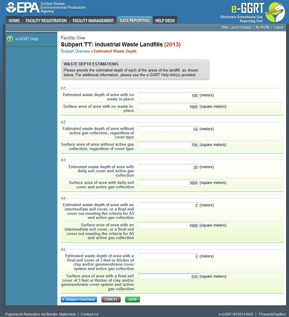 Subpart TT: Industrial Waste Landfills waste depth estimations page.