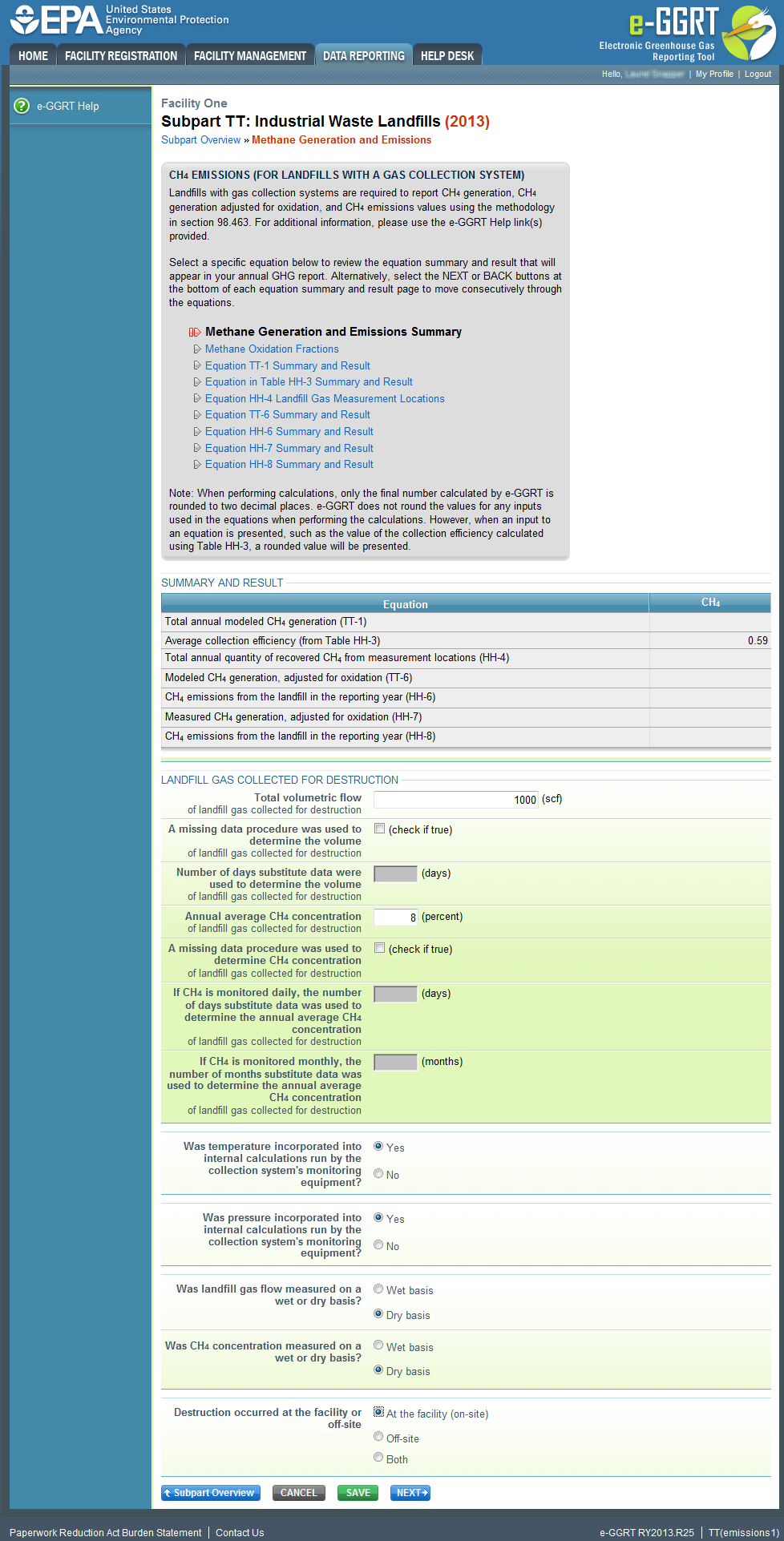 Subpart TT: Industrial Waste Landfills summary and results, as well as "landfill gas collected for destruction" page.