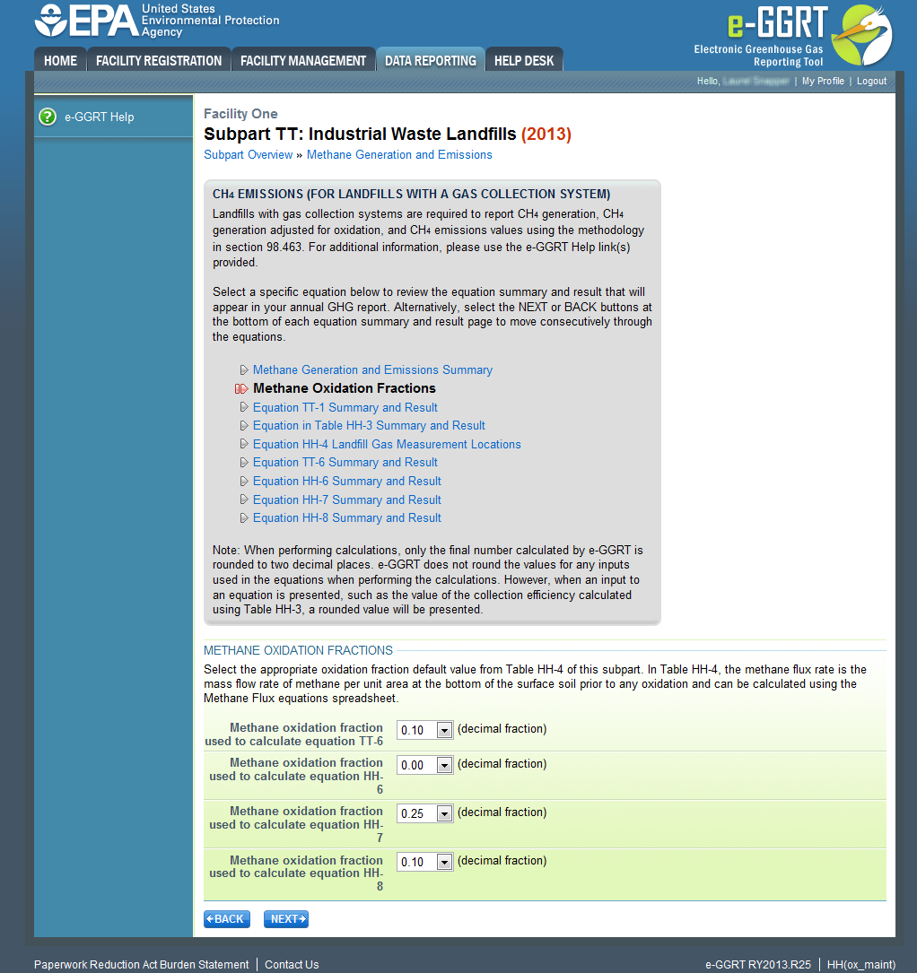 Subpart TT: Industrial Waste Landfills Methane Oxidation Fractions page.