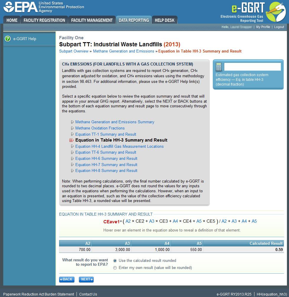 Subpart TT: Industrial Waste Landfills Equation in Table HH-3 Summary and Result page.