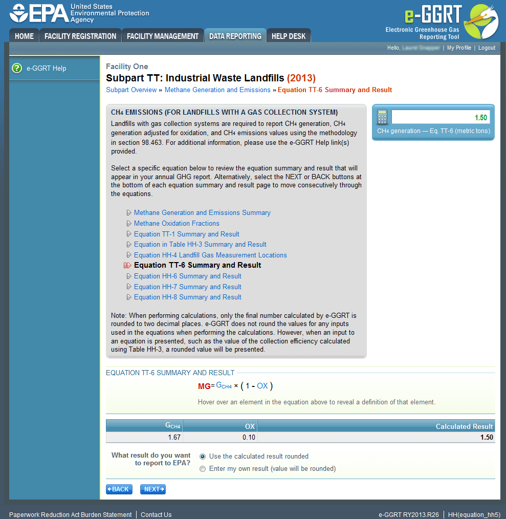 Subpart TT: Industrial Waste Landfill equation TT-6 summary and result page.