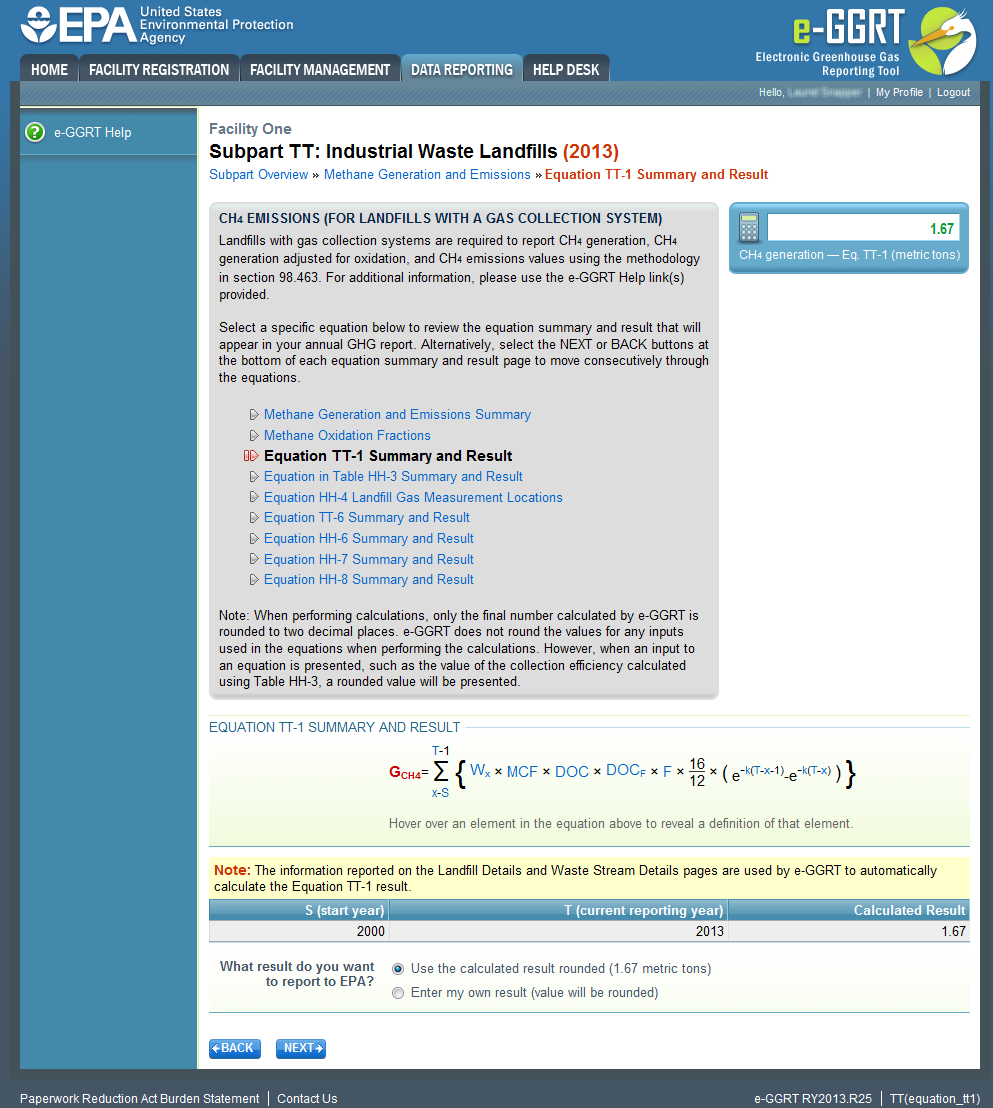 Subpart TT: Industrial Waste Landfills equation TT-1 summary and result page.