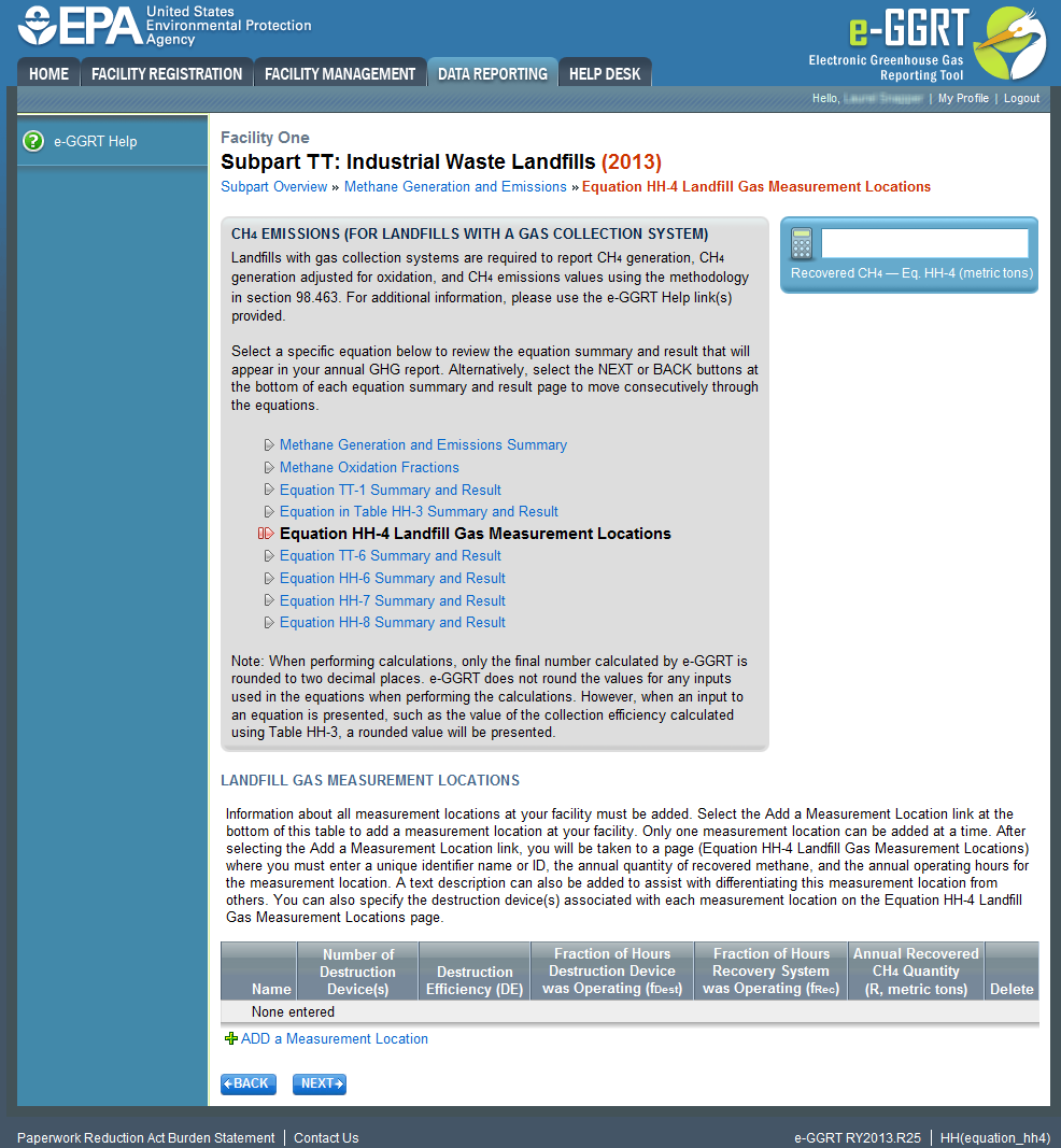 Subpart TT: Industrial Waste Landfill gas measurement location page.