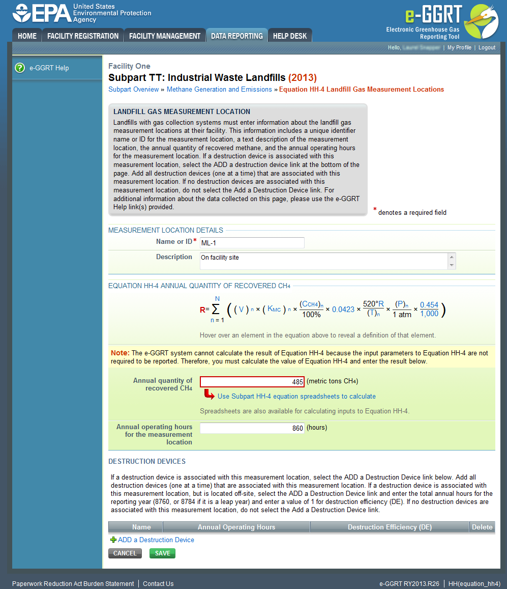 Subpart TT: Industrial Waste Landfills measurement location details page.