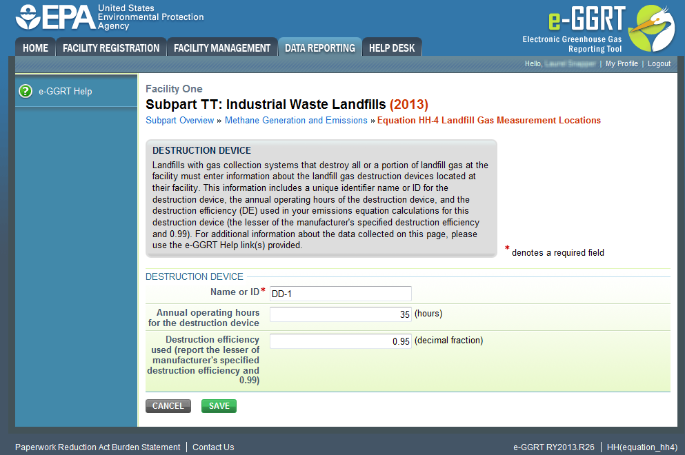 Subpart TT: Industrial Waste Landfills destruction device page.