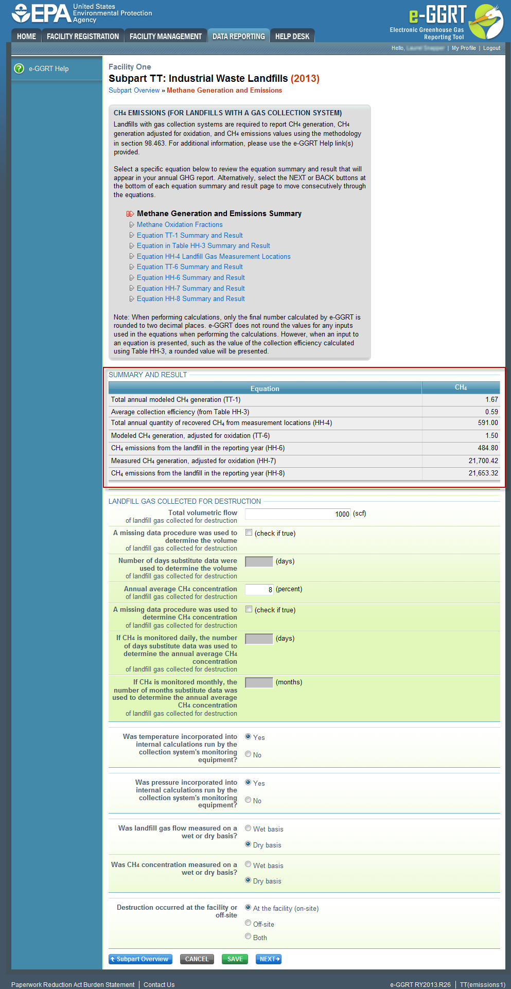 Subpart TT: Industrial Waste Landfills gas collected for destruction page.