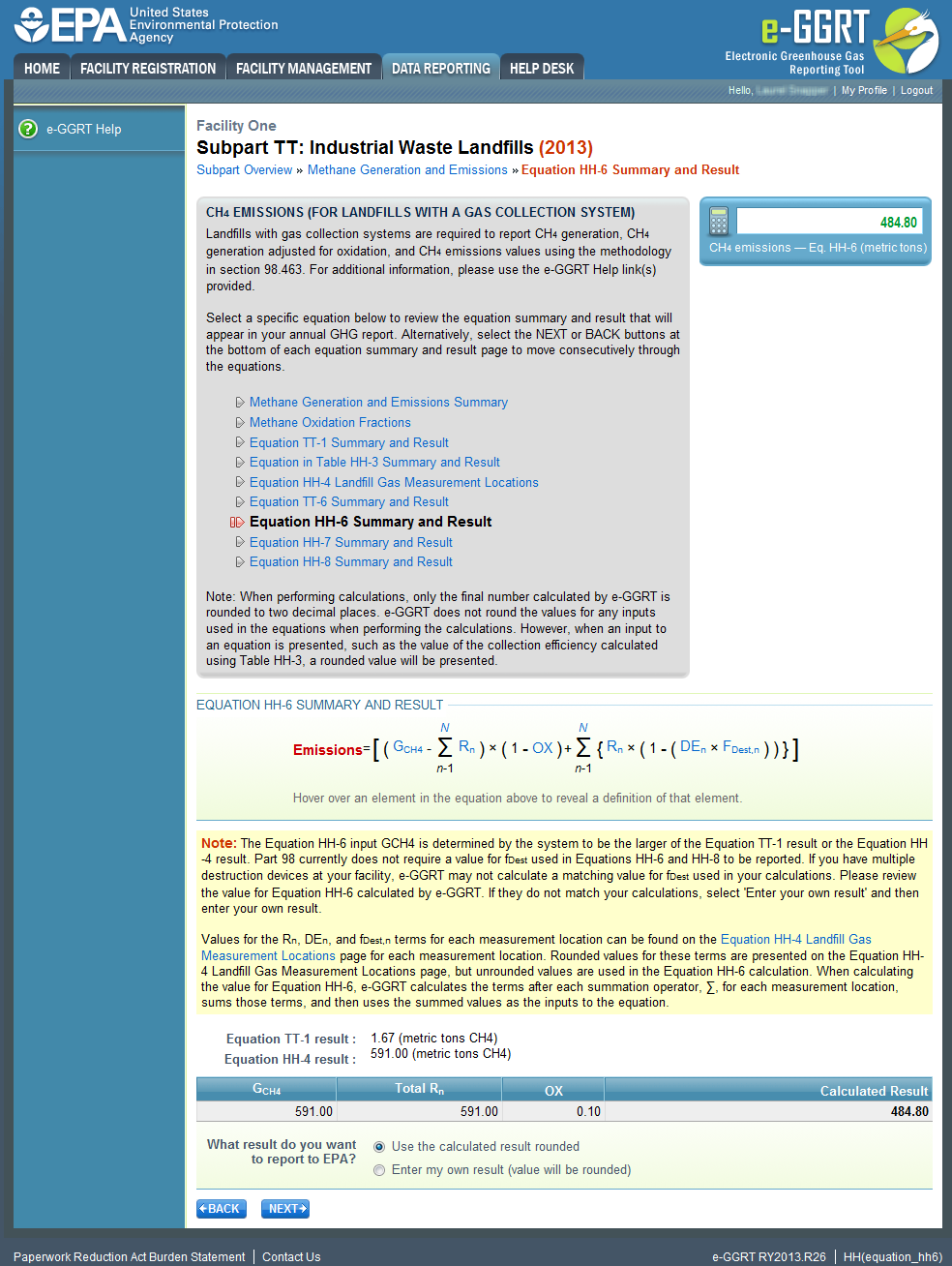 Subpart TT: Industrial Waste Landfill equation HH-6 summary and result page.