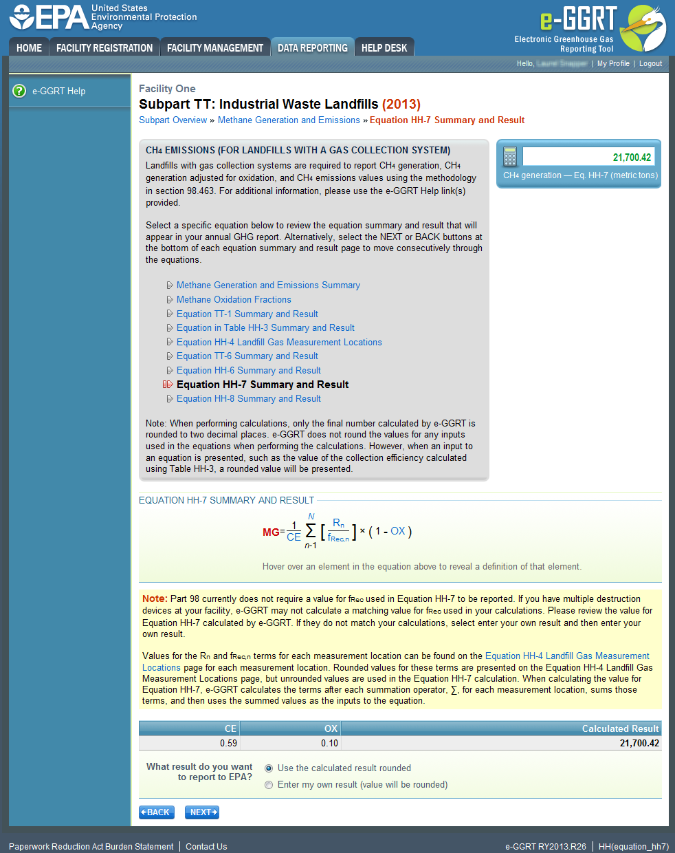 Subpart TT: Industrial Waste Landfills equation HH-7 Summary and Result page.