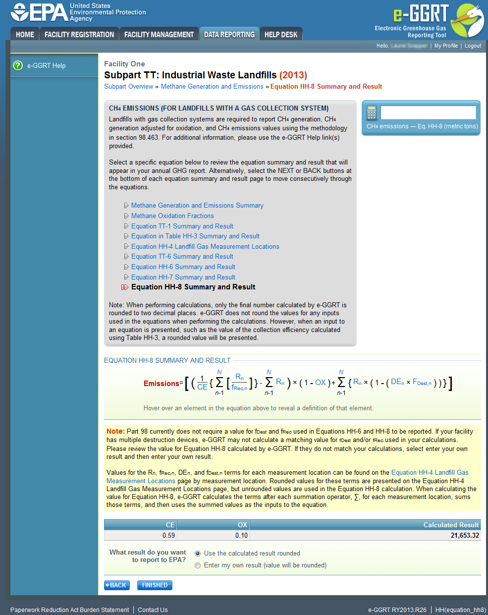 Subpart TT: Industrial Waste Landfills equation HH-8 summary and result page.