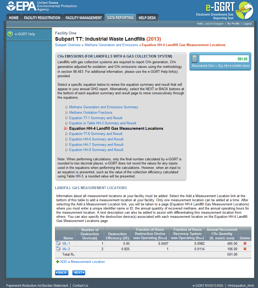 Subpart TT: Industrial Waste Landfill gas measurement locations page.