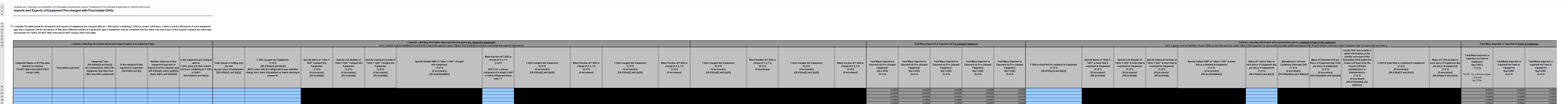Image of a reporting form, showing open blue cells for reporting emissions information.