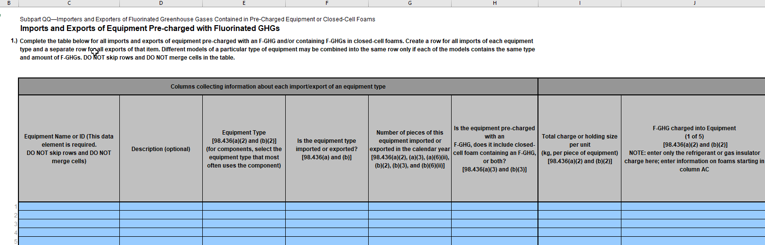 Image of a reporting form, specifically "Imports and Exports of Equipment Pre-charged with Fluorinated GHGs.