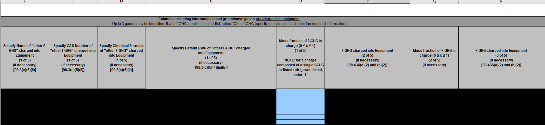Image of a reporting form, showing columns collecting information about greenhouse gases pre-charged in equipment. 