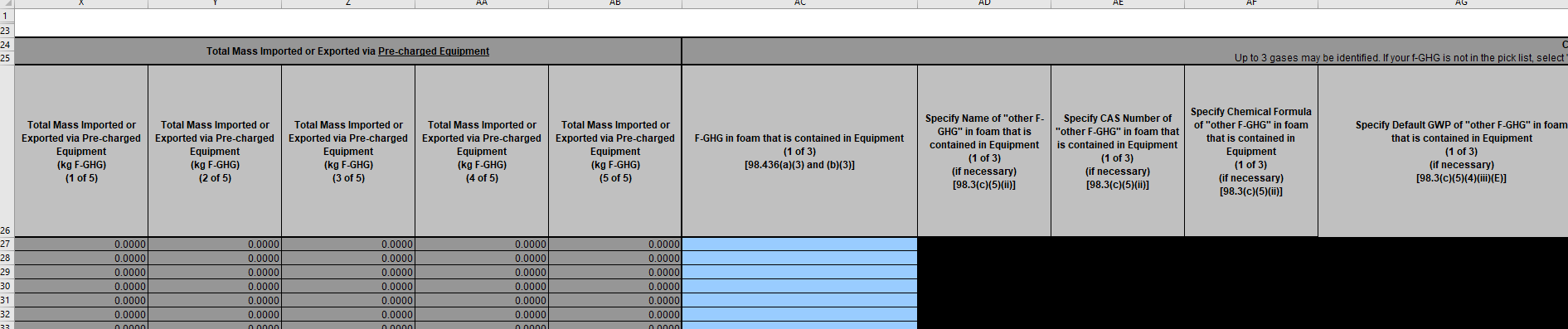 Image of a reporting form, showing total mass imported or exported via pre-charged equipment. 