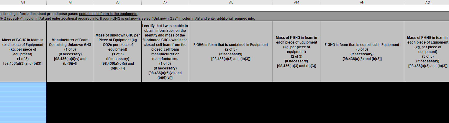 Image of a reporting form showing "collecting information about greenhouse gases contained in foam in the equipment."