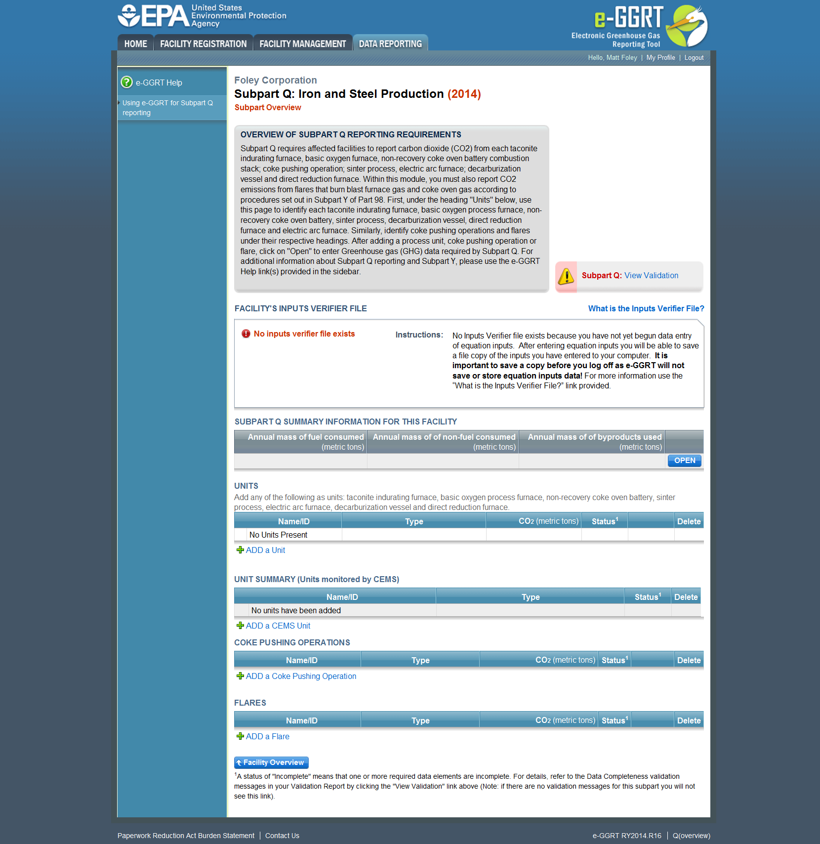 Image of Subpart Q Summary page