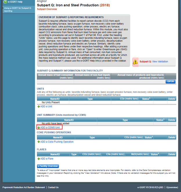 “ADD a CEMS Unit” information page image