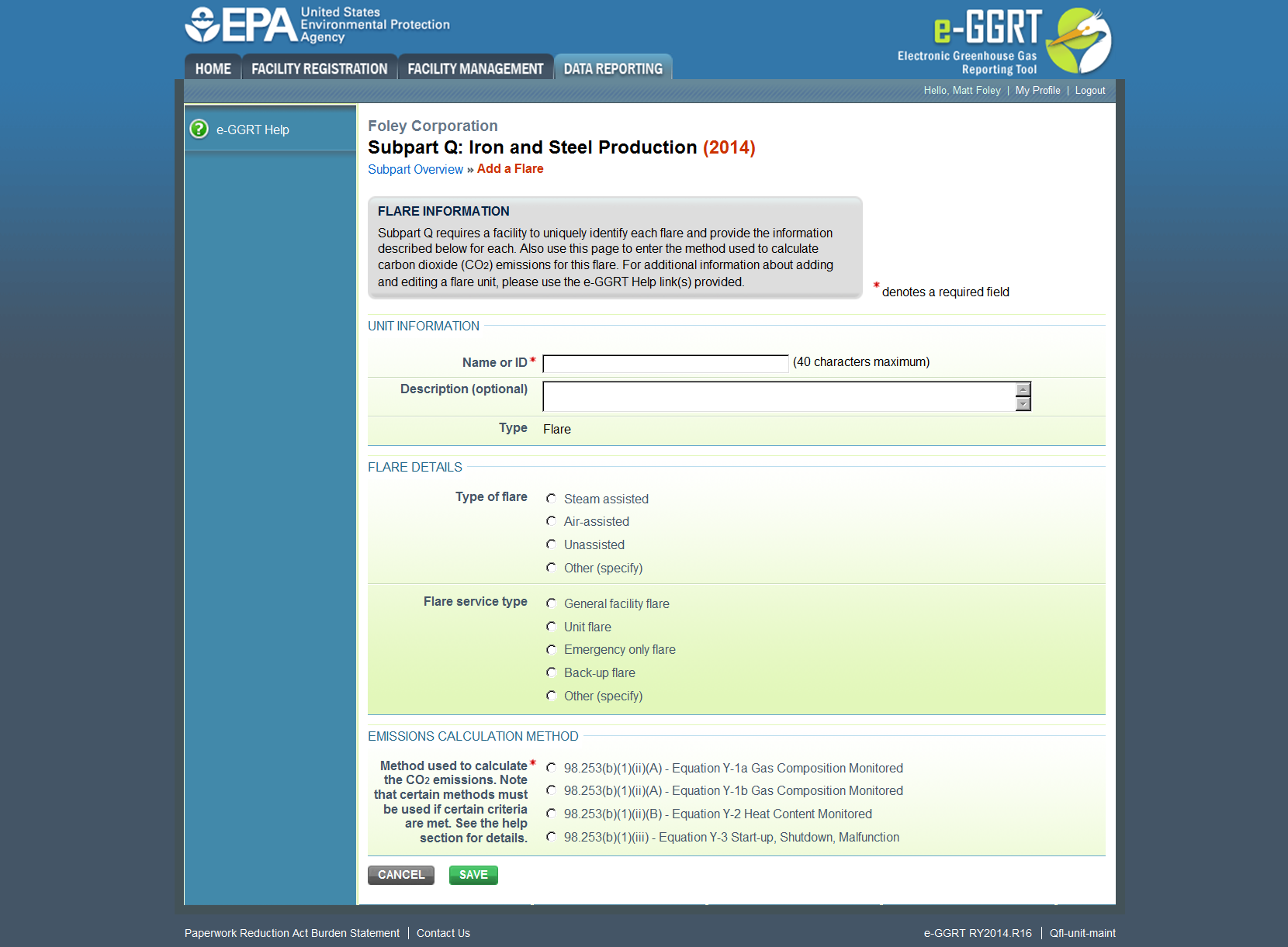 Image of Entering required information for the flare