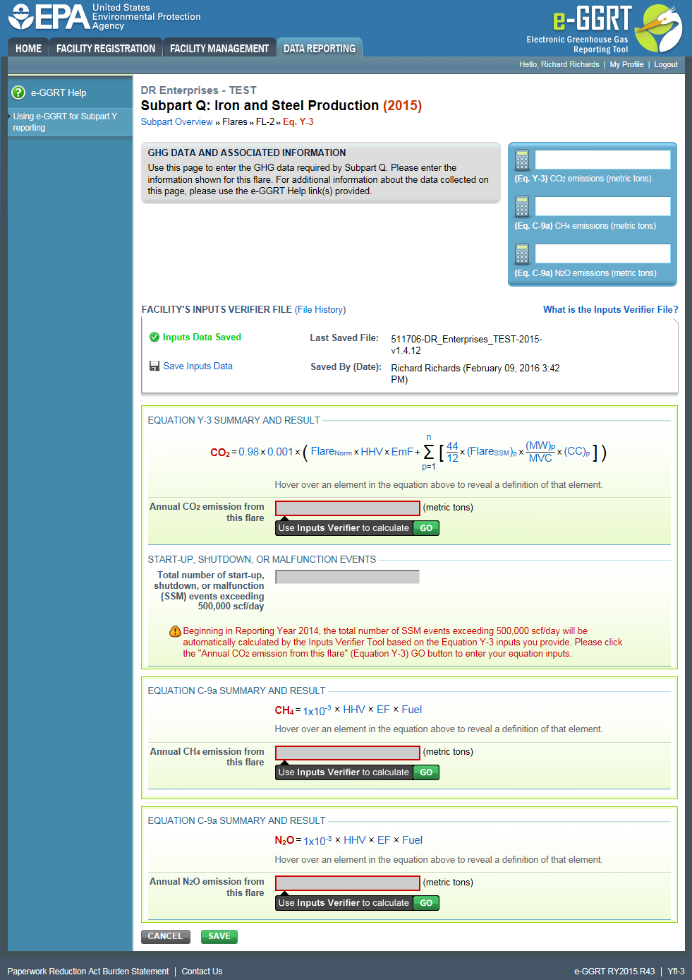 Image of entering supplemental information for flares using the Equation Y-3 calculation method
