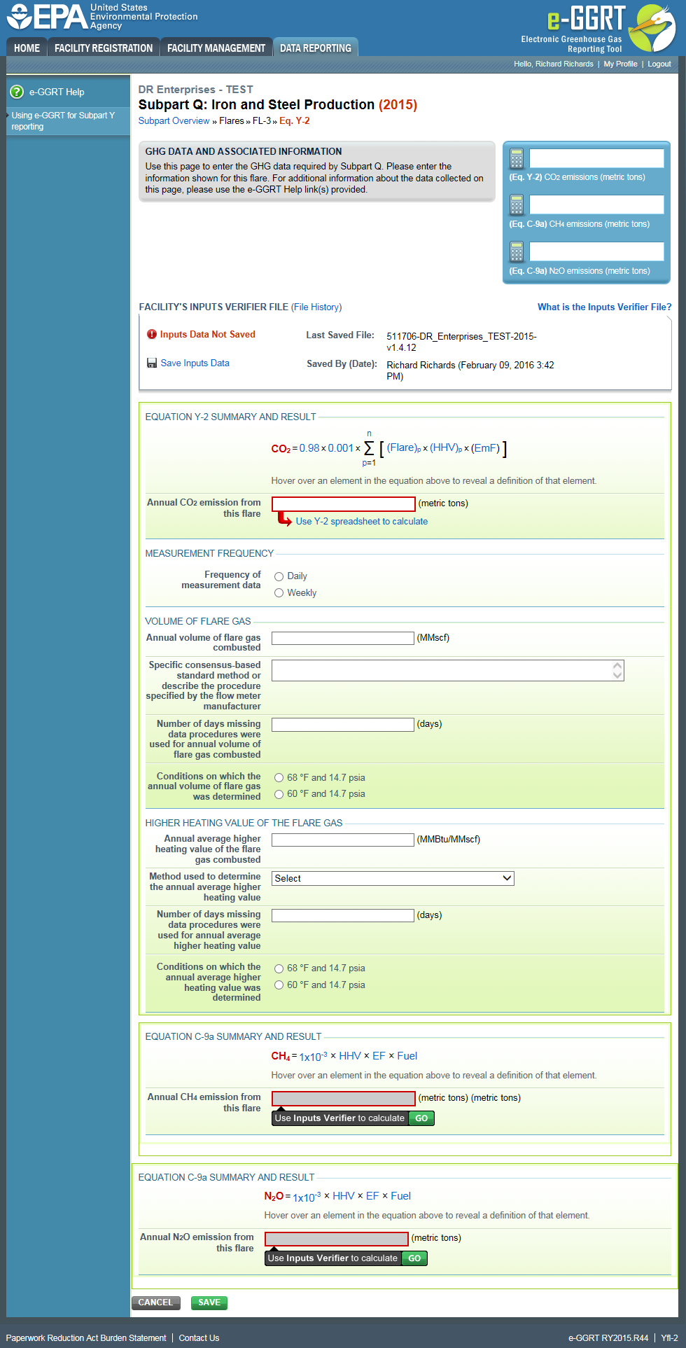 Image of entering supplemental information for flares using the Equation Y-2 calculation method