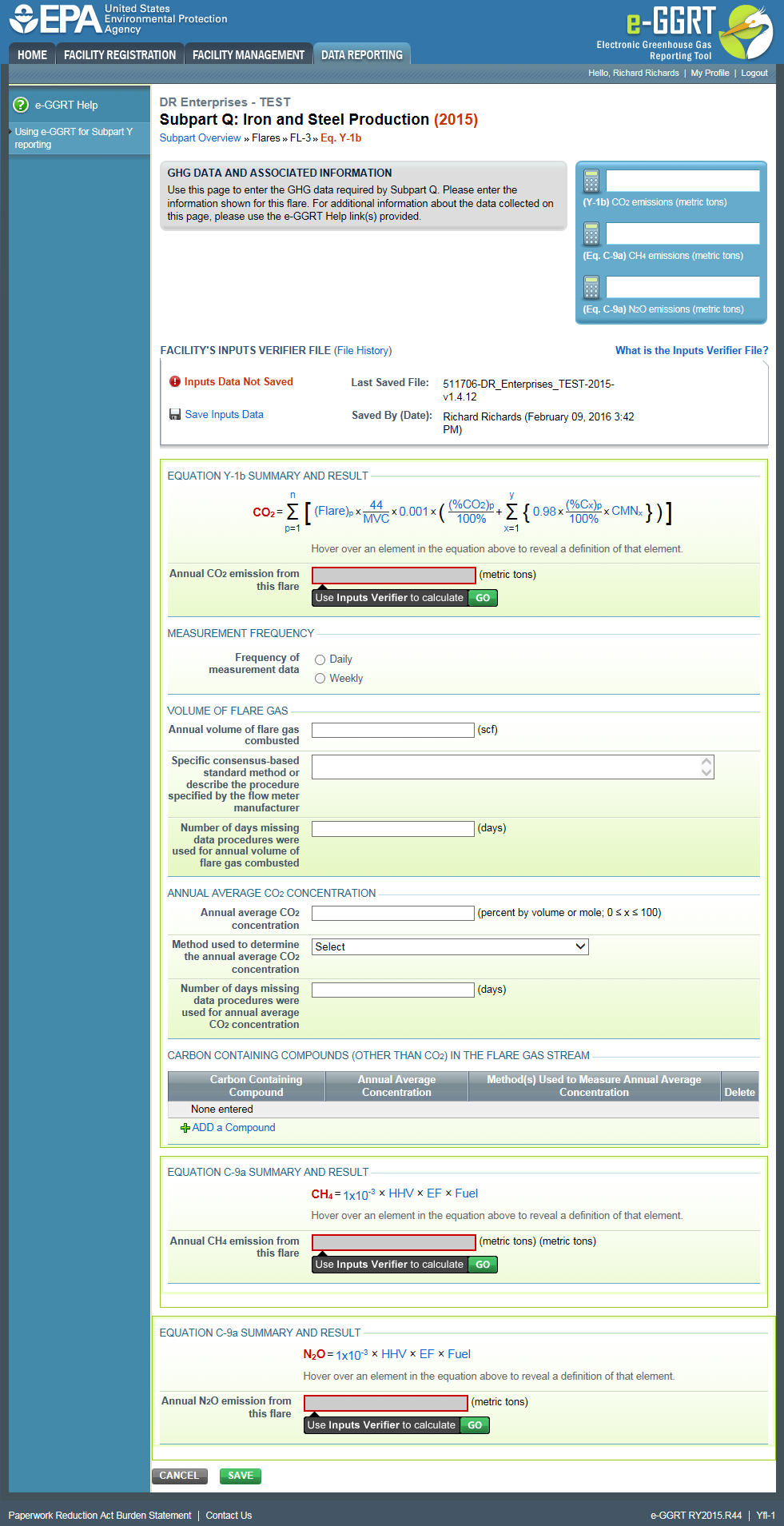 Image of Entering Supplemental Information for flares using the Equation Y-1b calculation method