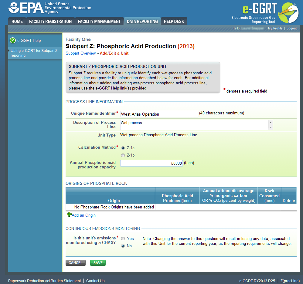 Subpart Z: Step 3 - Enter required information for a unit