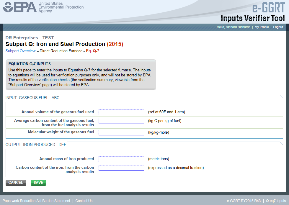 Image of the Subpart Q IVT "Equation Q-7 Inputs" page