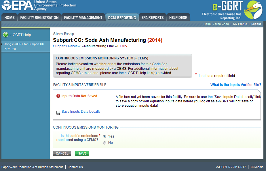 Subpart CC: Step 2 - Indicate CEMS utilization for a manufacturing line