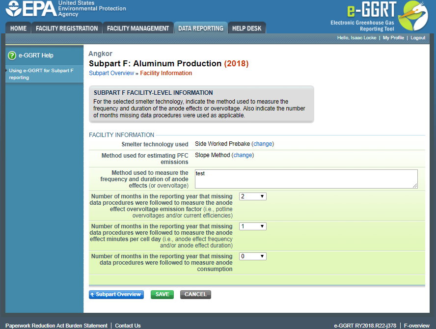 Subpart F: Click the SAVE button to return to the Subpart F Overview page