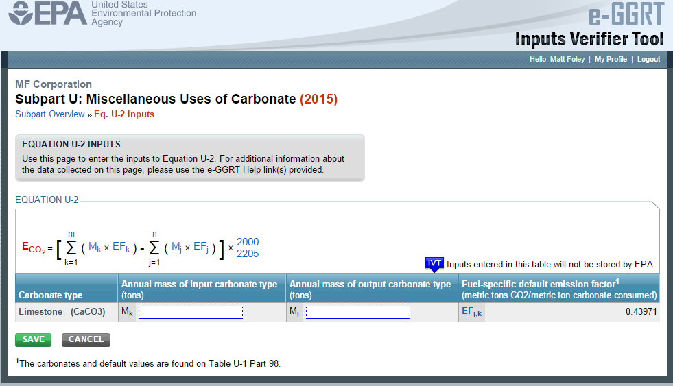 Subpart U: Equation U-2 IVT inputs