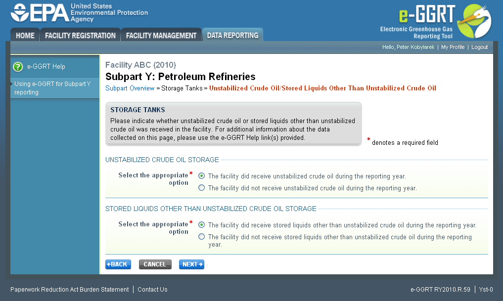 Subpart Y: Step 1 - Indicate receipt of unstabilized crude oil or stored liquids other than unstabilized crude oil