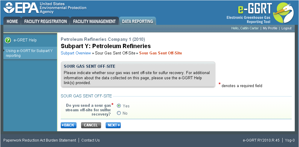 Subpart Y: Step 1 - Indicate if sour gas stream is off-site for sulfur recovery