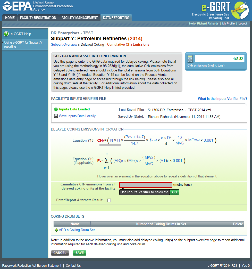 Subpart Y: Step 2 - Enter Emissions Information