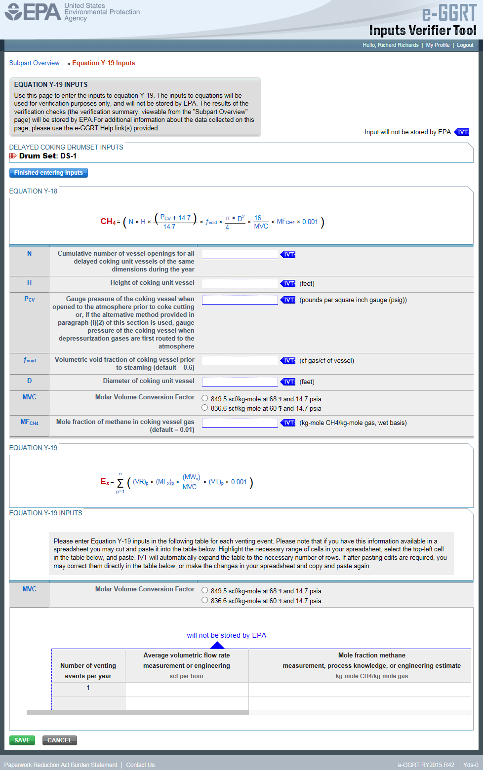 Subpart Y: Step 2 - Equation Y-19 Inputs in e-GGRT IVT
