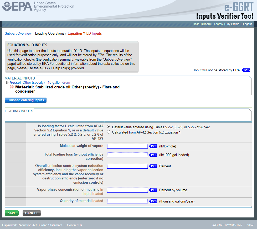 Subpart Y: Step 3 - Equation Y-LD Quantity Inputs in e-GGRT IVT