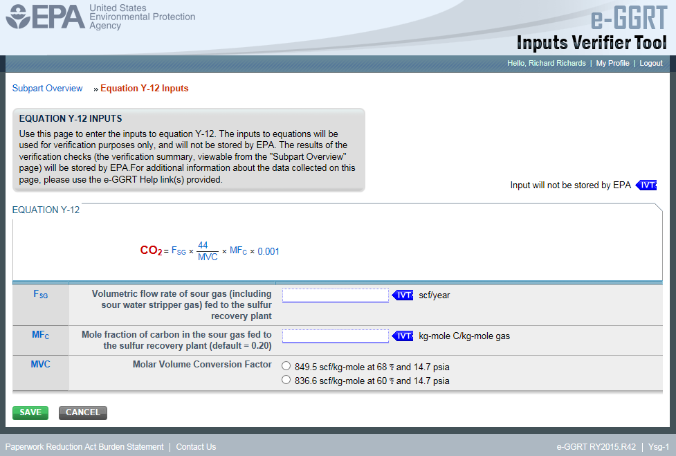 Subpart Y: Step 2 - Equation Y-12 Inputs in e-GGRT IVT