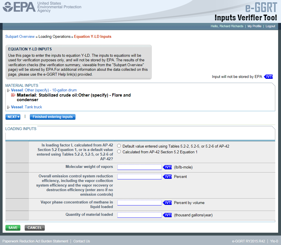 Subpart Y: Step 3 - Equation Y-LD Inputs in e-GGRT IVT