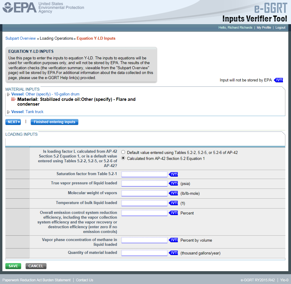 Subpart Y: Step 3 - Equation Y-LD Finish Entering Inputs in e-GGRT IVT