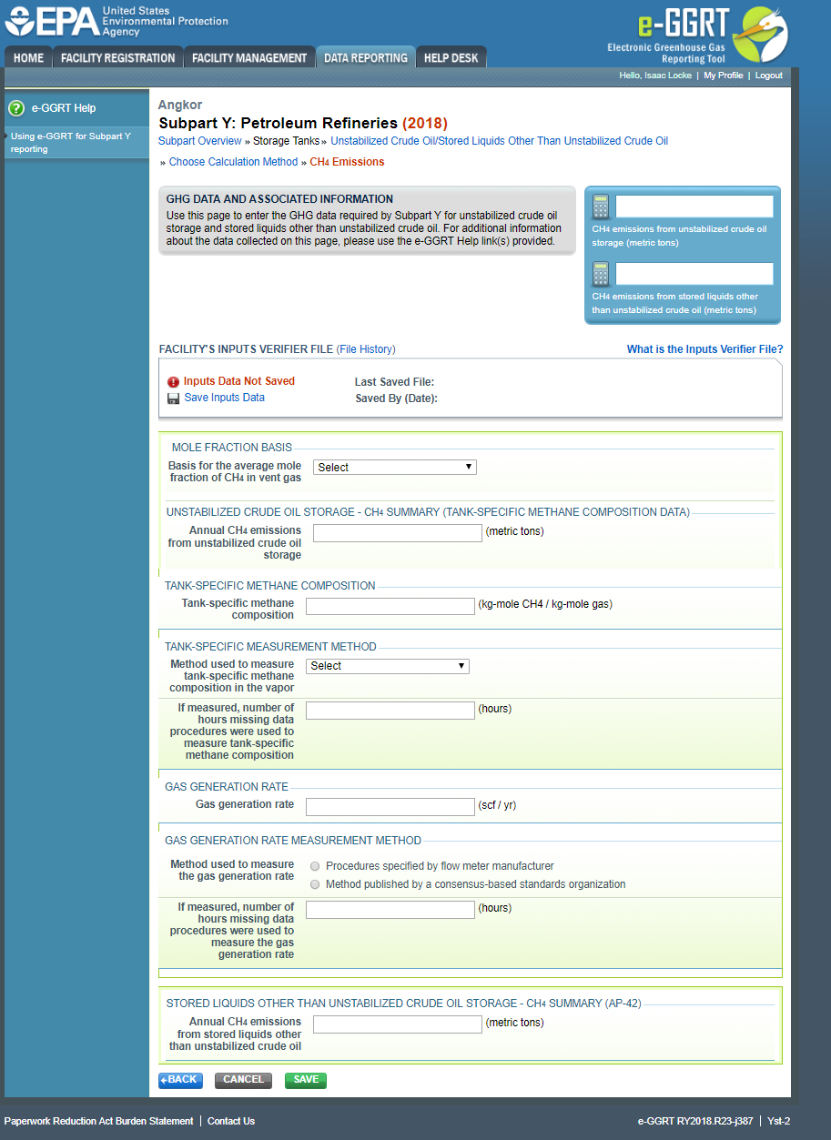 Subpart Y: Step 3 - Enter emissions information and additional data