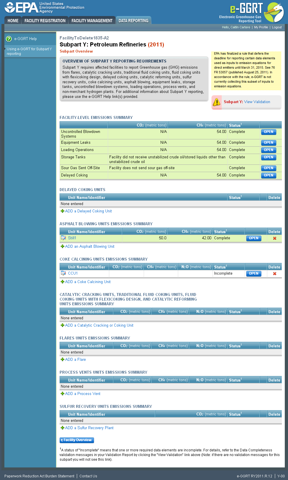 Subpart Y: Adding or Updating Coke Calcining Emissions Information