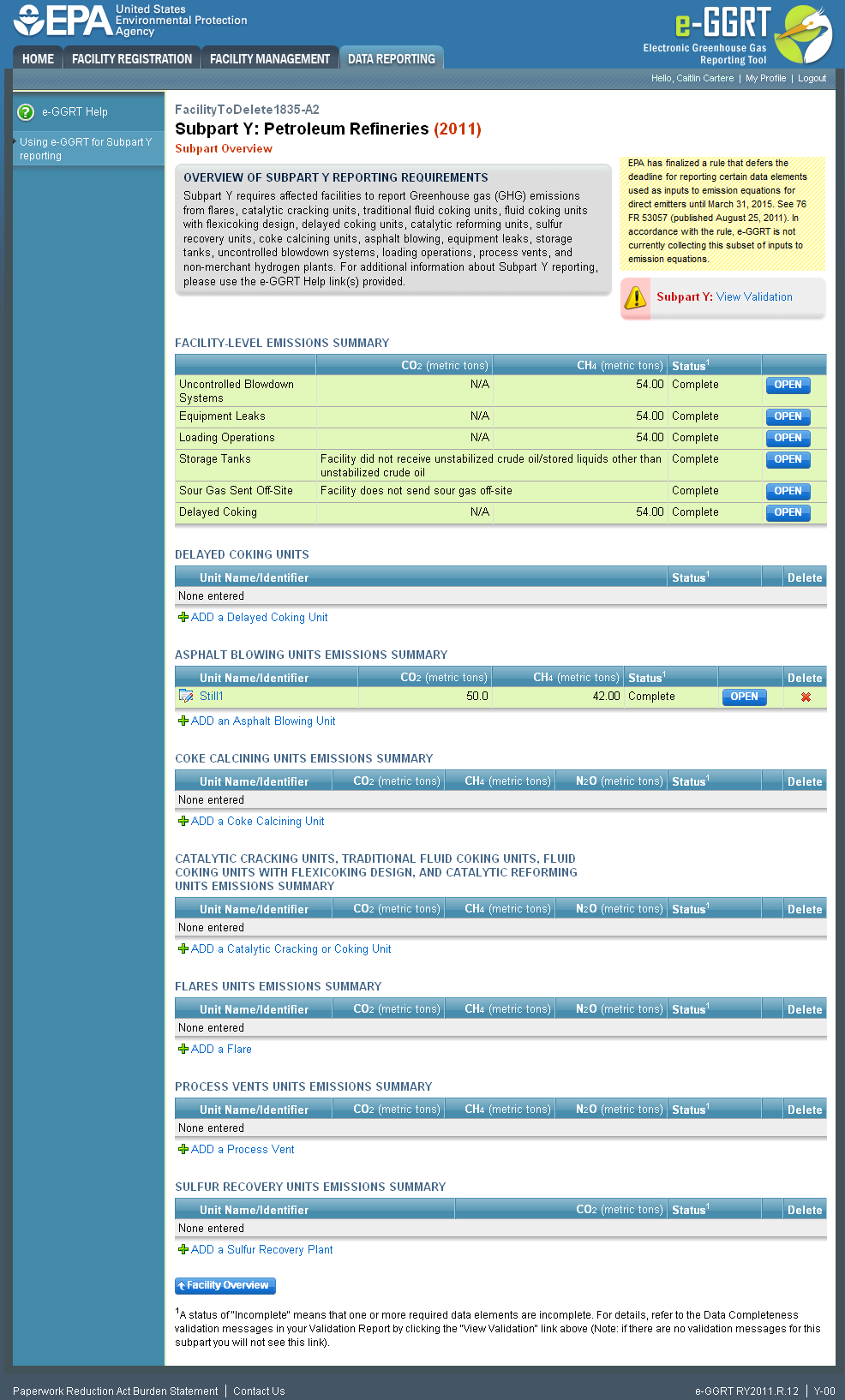 Subpart Y: Coke Calcining Unit Information