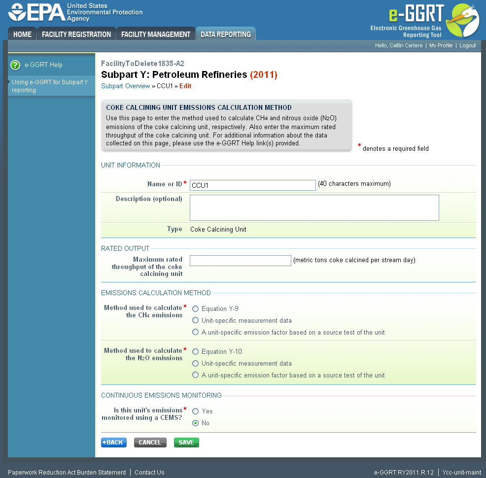 Subpart Y: Adding or Updating Coke Calcining Unit Information with Emissions Calculated Methods