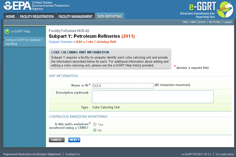 Subpart Y: Adding or Updating Coke Calcining Unit Information