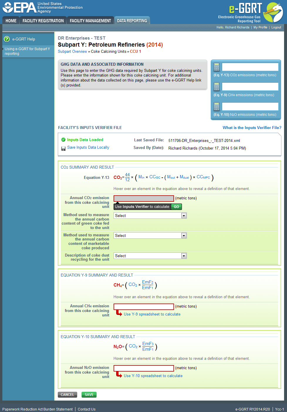 Subpart Y: Equation Y-13 Summary and Result