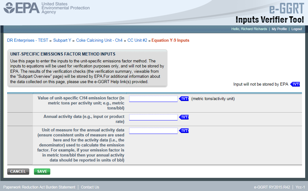 Subpart Y: Step 2c - Equation Y-9 Inputs in e-GGRT IVT