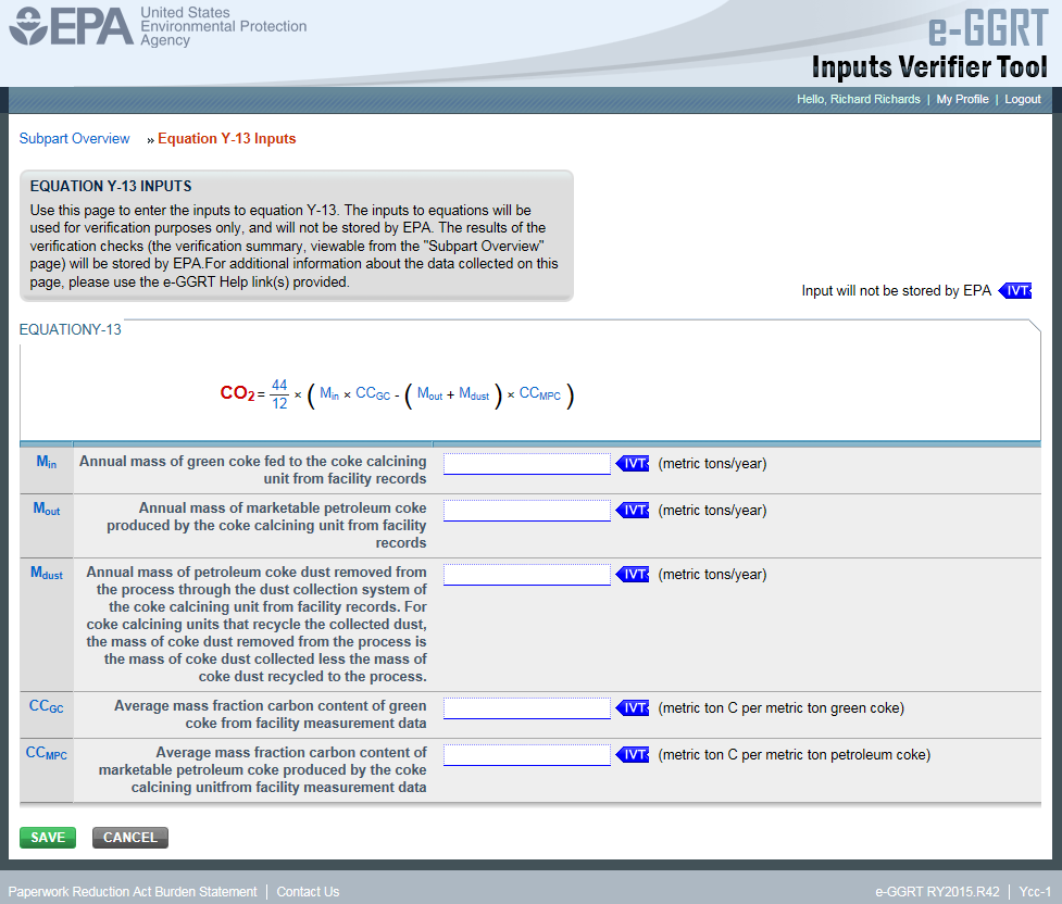 Subpart Y: Step 1 - Equation Y-13 Inputs in e-GGRT IVT